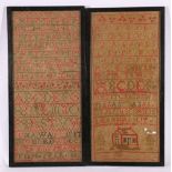 Two 19th century neddlework alphabet samplers, one by Anna Duffs age 9 in 1988, 41cm x 18cm
