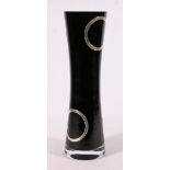 Contemporary black art glass vase of hourglass form with silver "ring" onlay, 34cm tall