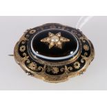 Victorian pinchbeck mourning brooch set with carnelian and seed pearls, 13.6g, 4cm wide