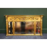 Gilt triptych bevel edged over mantle mirror with dragon and folitate decoration, 141 cm wide x 74