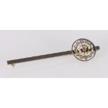 Unhallmarked white metal bar brooch set with diamonds and seed pearls, 4.9g