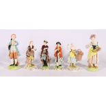 Six Dresden porcelain figures including D606, D607, 10892 two varieties, E6599C and E6595D, the