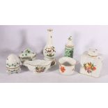 Seven Herend of Hungary hand painted porcelain items including tea caddy 6466 with fruit, floral and