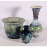 Highland Stoneware jardinere, 21cm diameter, a bottle vase, 28cm tall and a baluster vase, 15cm