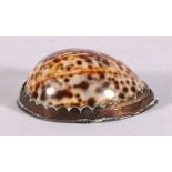 18th century cowrie shell snuff mull with copper mounts dates 1792, initialled JE, 9cm long.
