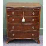 Mahogany bow fronted four drawer chest with brushing slide, raised on spade bracket supports, 74