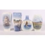 Four Royal Copenhagen vases including sailing ship (4570), fishing boat (4468), fishing boat (2765