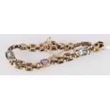 9ct gold gate link bracelet set with faceted pale amethyst and aquamarine stones, 17.7g