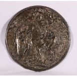 Elkington electroplated repousse plaque depicting angel and Adam and Eve, 26cm diameter