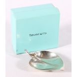 Tiffany & Co sterling silver pin tray in the form of a leaf, 9cm long, boxed