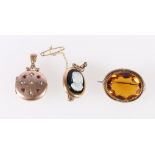 9ct gold pendant locket set with seed pearls and rubies, 3.2g, yellow metal mounted citrine set