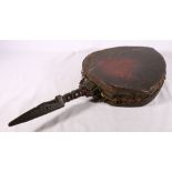 African ceremonial drum, the handle of carved hardwood and tulip shaped skin drum, 74cm long