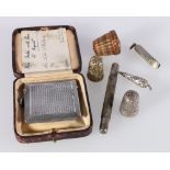 George V silver Vesta Birmingham 1920 by Cohen & Charles, silver thimble, pocket whistle etc.