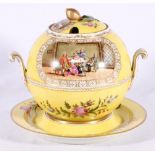A German porcelain yellow ground soup tureen and cover on matching tureen stand, painted with floral
