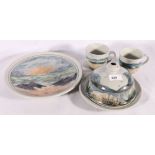 Highland Stoneware cheese dish on stand, a plate and two cups, (4)