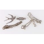 Silver swallow or swift brooch, silver Luckenbooth brooch, WMF 835 grade silver bracelet, silver
