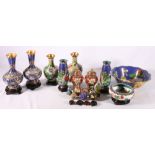 Sixteen contemporary cloisonne vases, some with stands and in pairs, also two dishes, (18)