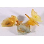 French Daum art glass pate de verre butterfly model 8cm long and two dishes with floral surmounts,