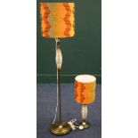1960's standard lamp with textured pottery column with orange brown shade and a similar table