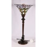 Contemporary bronzed effect table lamp with Tiffany style leaded stained glass trumpet shaped shade,