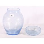 Scottish art glass baluster vase of blue colour with bubble inclusions, 22cm tall and a similar bowl