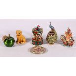 Shudehill Giftware musical merry-go-round, Arora peacock trinket box with pendant, another similar