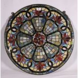 Leaded stained glass circular panel decorated with flowers, 60cm diameter