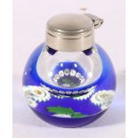 Caithness art glass millefiori inkwell of "Thistle" pattern with white metal mounts, 7cm tall