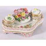 Herend of Hungary hand painted porcelain desk stand with twin inkwells decorated with flowers in