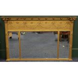 Gilt triptych bevel edged over mantle mirror with foliate swag decoration, 134 cm wide x 82 cm tall.