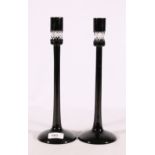 Pair of contemporary Waterford hobnail flash cut black glass candlesticks by John Rocha, 30cm tall