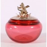 Contemporary cranberry glass potpourri holder with silver rim having dragon finial by M & A Co,