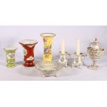 Seven pieces of Dresden porcelain including urn vase and cover (7058G), trumpet vase (F10903G),