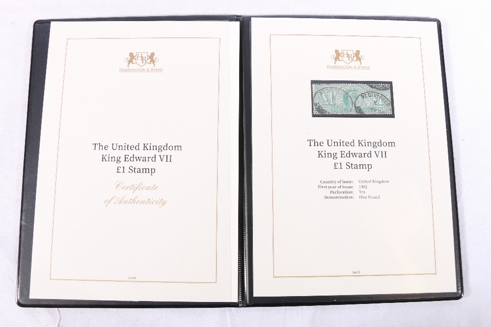 GB Edward VII £1 green in issue folder from Harrington & Byrne with certificate