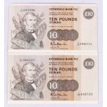 Clydesdale Bank PLC two £10 ten pound banknotes 18th September 1987 A R Cole Hamilton D/SQ 046725