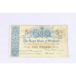 The Royal Bank of Scotland £5 five pound banknote 1st March 1943 Whyte and Brown F726/5121 SC806c
