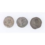 Three ancient Roman coins including Gallienus AD253-268 silver antoninianus rev. CONCORDIA EXERC