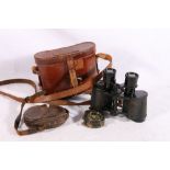 WWI vernier type compass in leather carrying case and a pair of WWII period Telgon Hensoldt