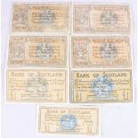 Bank of Scotland seven £1 one pound banknotes including 1935 SC103a, 1939 SC103b, 1941 SC103b,