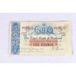 The Royal Bank of Scotland £5 five pound banknote 3rd January 1938 Speed E4167/3305 SC806b Pick317b