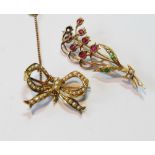 Victorian gold bar brooch with pearls, '15ct', and another with a spray of rubies and emeralds, '