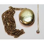 Gold back and front locket on gold belcher pattern long necklet in two parts and a gem pendant