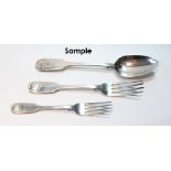 Set of six silver table forks of fiddle and shell pattern with two matching table forks, two dessert