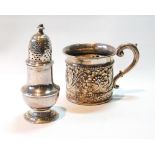 Silver pepperette by Samuel Wood, 1750, and an embossed cylindrical mug, Sheffield 1894, 4oz.   (2)