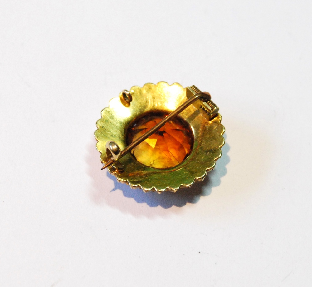 Victorian gold circular brooch with citrine and two rows of pearls, probably 15ct, 22mm. - Image 2 of 2