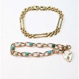 Gold bracelet of curb pattern with opals and turquoise and another with three rectangular links,