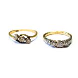 Two diamond three-stone rings, '18ct', 5g.