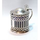 Silver drum mustard pot, pierced with pales, ovals and quatrefoils, with domed lid and gadrooned