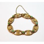 Edwardian gold bracelet with turquoise collets and pearl clusters, '15ct', 20g.