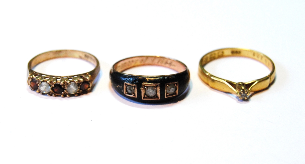 22ct gold band ring with diamond, 3.4g, and two others, 9ct, 6.1g.   (3)